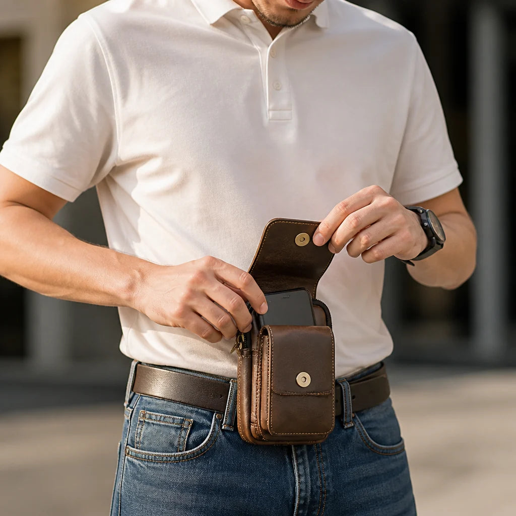 Full-grain cowhide leather fanny pack with magnetic flap and zipper