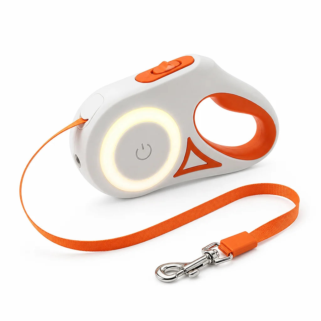 Built-in LED, One-Hand Brake & Lockable Retractable Dog Leash Strap