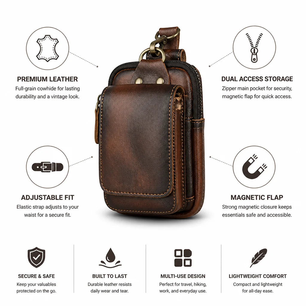 Full-grain cowhide leather fanny pack with magnetic flap and zipper