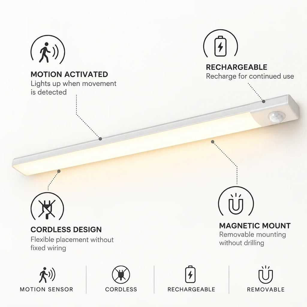 Motion-Controlled Rechargeable Magnetic LED Strip Light (No Drilling)