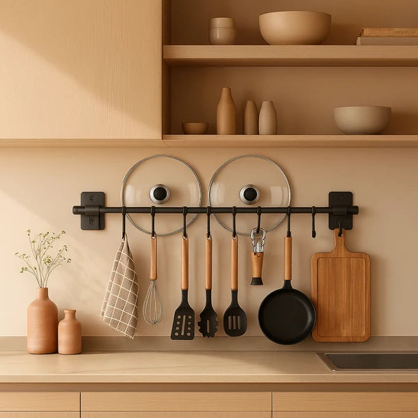 Wall rail kitchen with S-hooks and lid holder