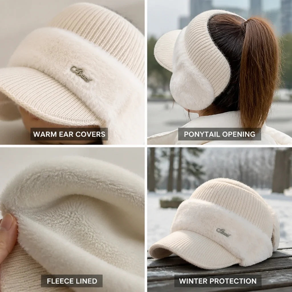 Knit Fleece-Lined Baseball Cap with Ear Warmer (Ponytail Opening)