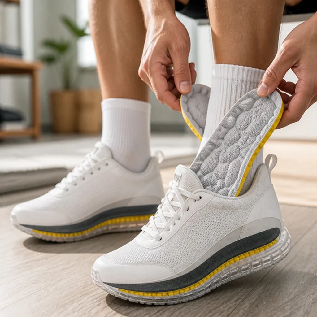 Shock-absorbing, perforated insoles with arch support