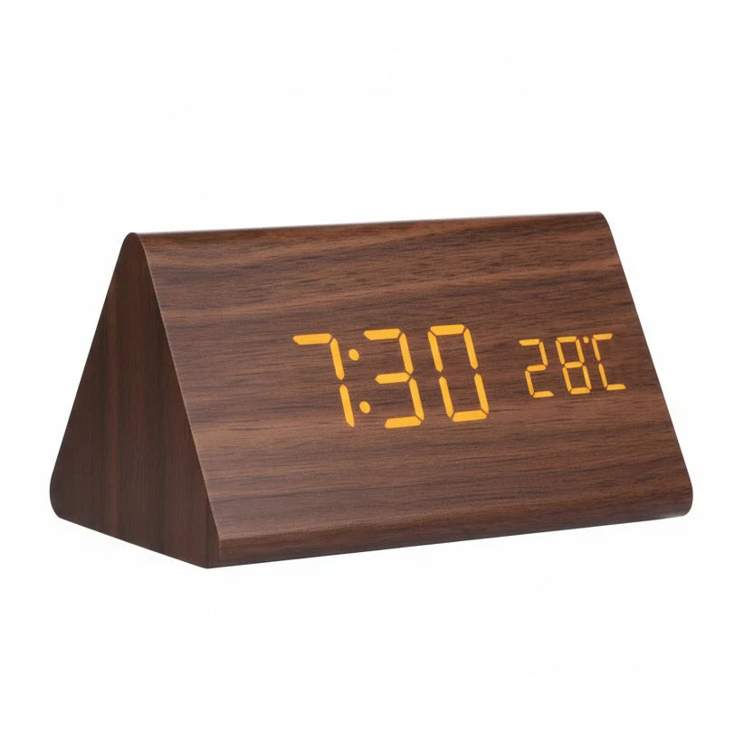LED Alarm Clock Wood Effect with 3 Alarms & Temperature