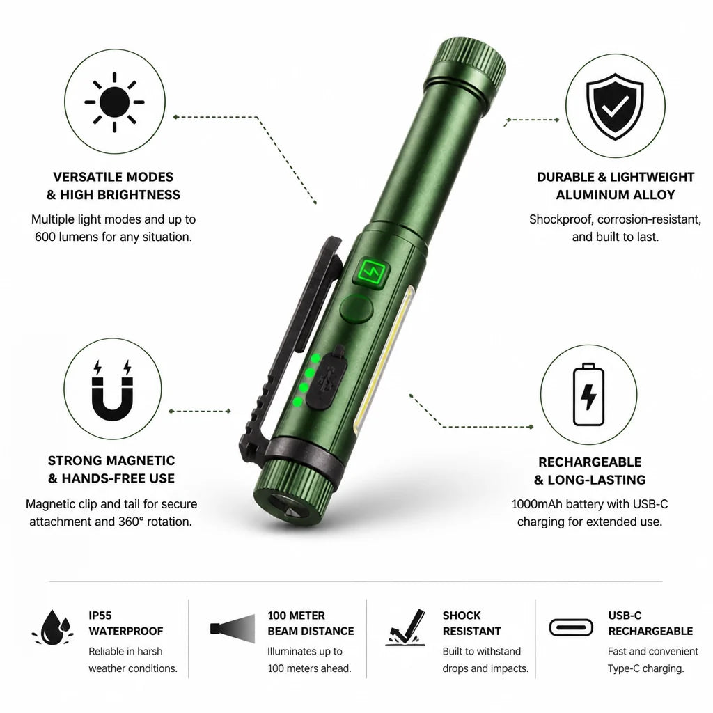 600 Lumen Magnetic Aluminum Alloy Pen Light (USB-C Rechargeable)