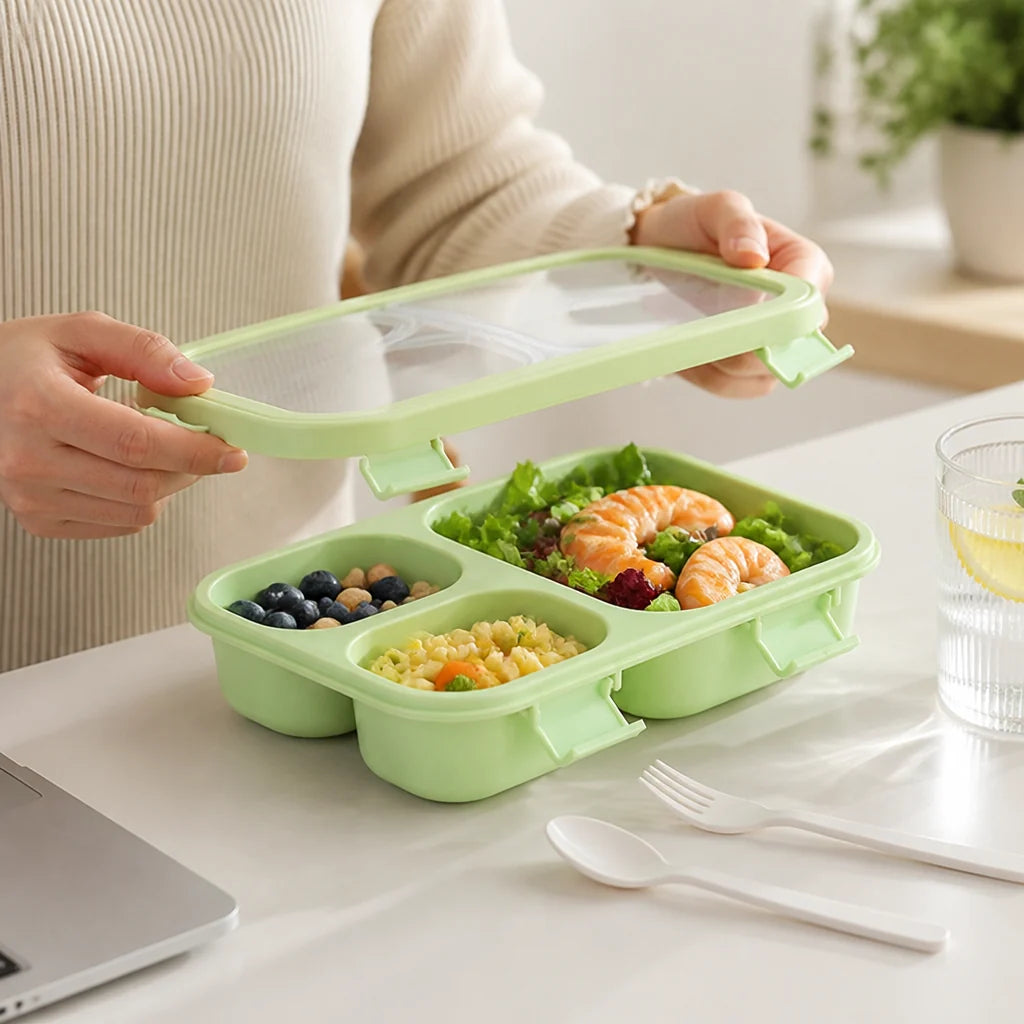 Lunchbox for children with three compartments and four clips (including fork and spoon)