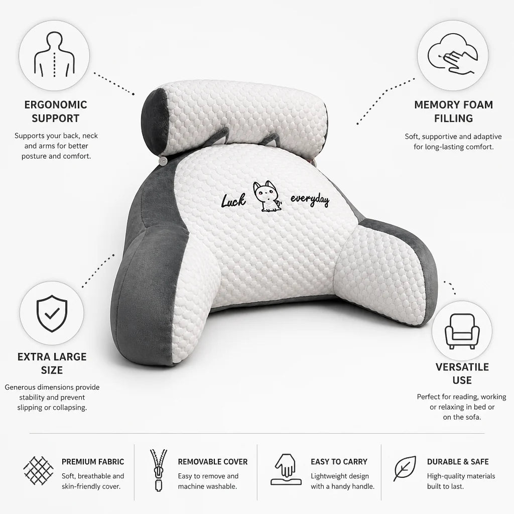 Extra-large reading pillow with memory foam and backrest (with armrests)