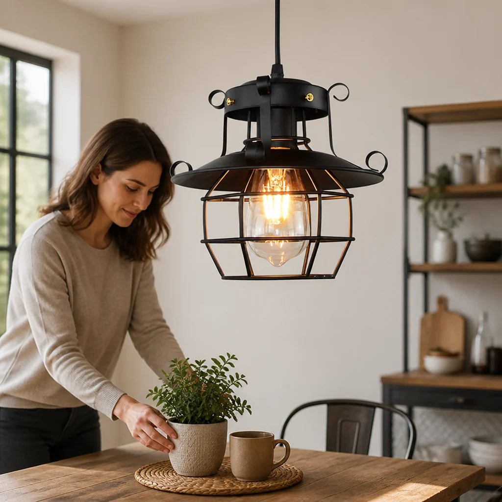 Adjustable Pendant Light in Iron Cage Design