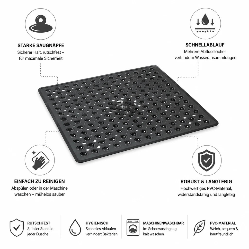 Non-slip shower mat with suction cups & quick drain (machine washable)