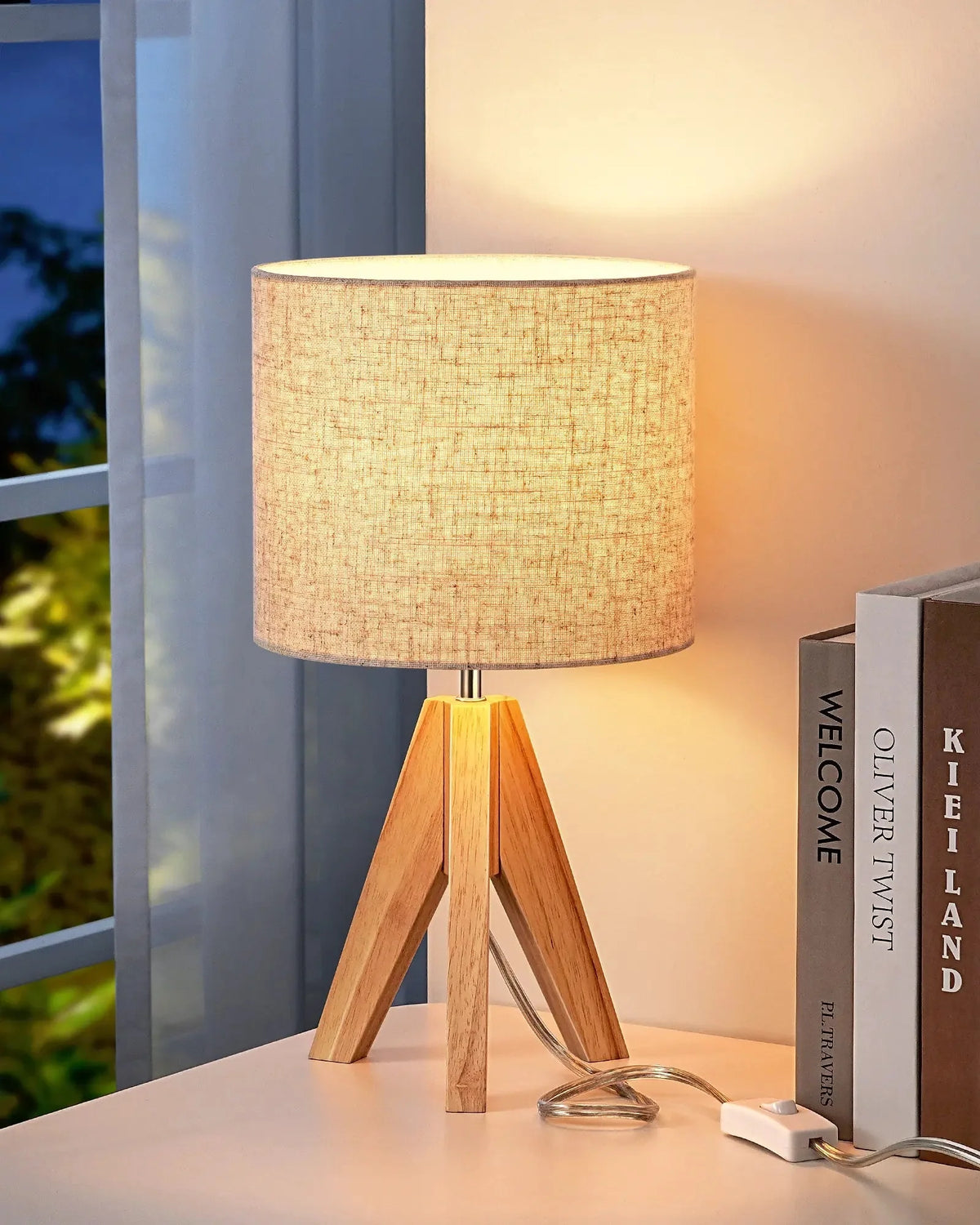 Wooden Table Lamp, Tripod Base, LED Bulb Included