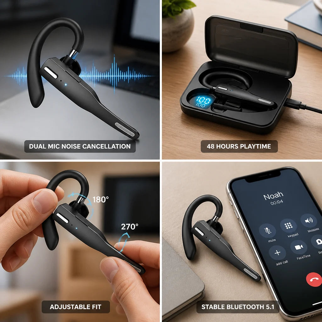 Bluetooth Headset with Dual Microphone and Noise Cancellation (48 Hours Playback Time)