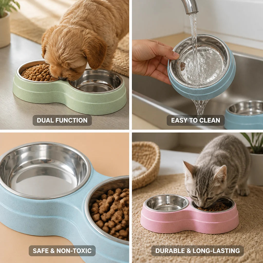 Stainless Steel Double Feeding and Water Bowl (Small Dogs & Cats)