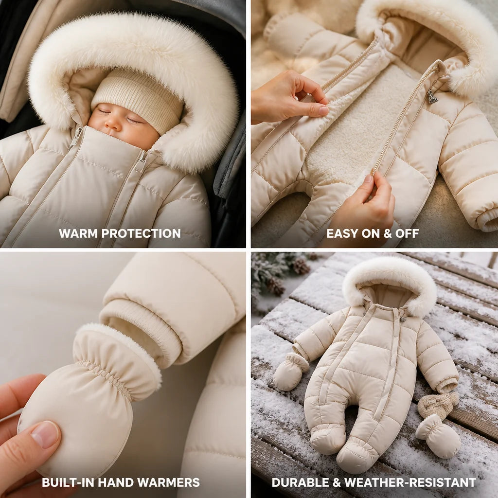 Padded Baby Romper with Faux Fur Hood (Built-in Hand Warmers)
