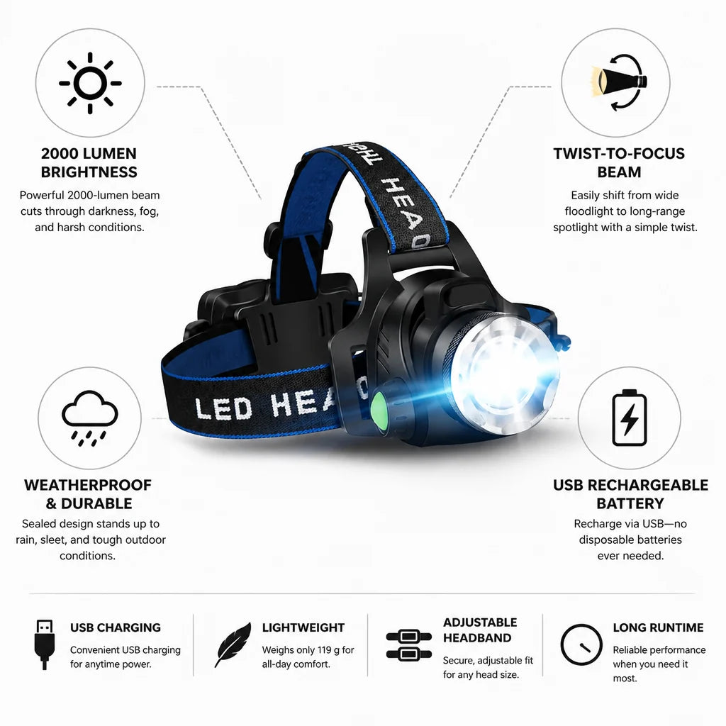 2000 Lumen USB Rechargeable Headlamp