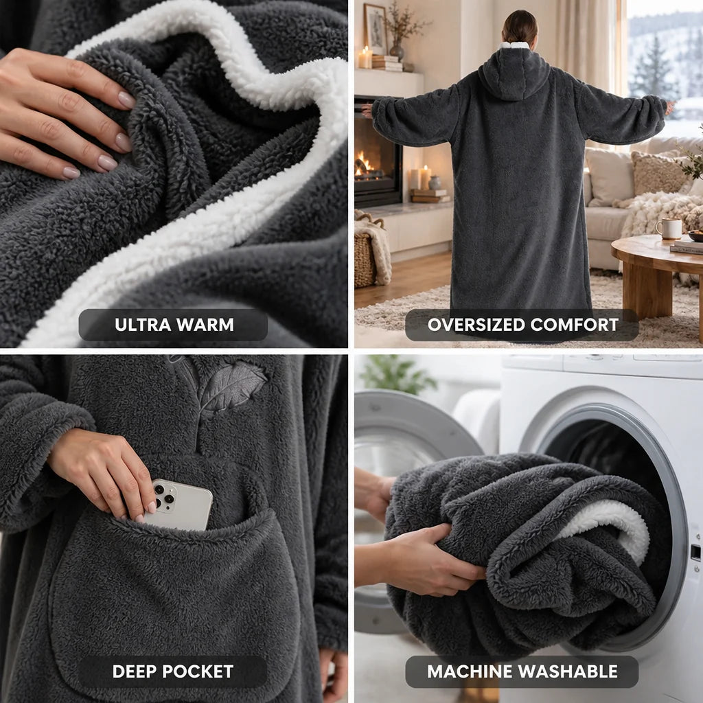 Oversized Sherpa Fleece Hoodie Blanket with Sleeves and Pocket (One Size)