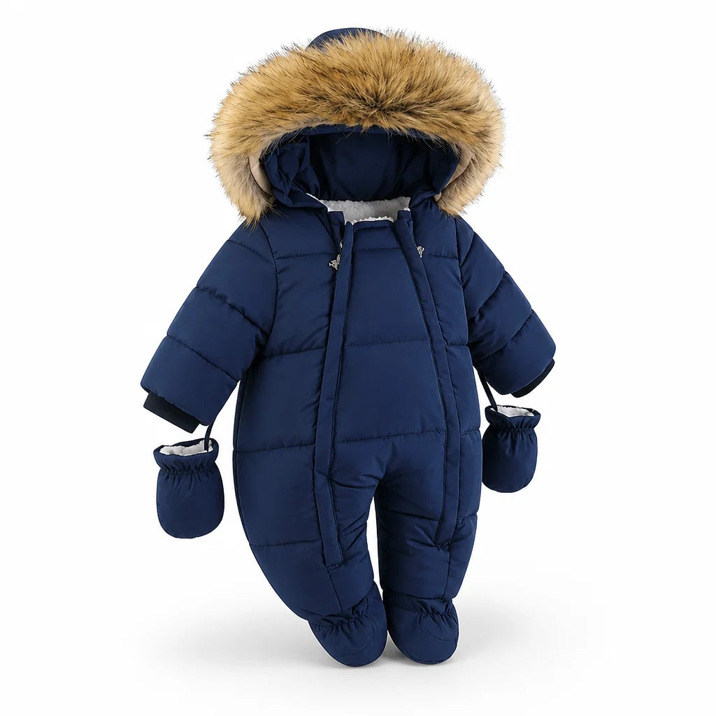 Padded Baby Romper with Faux Fur Hood (Built-in Hand Warmers)