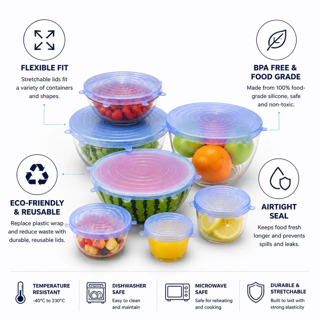 Airtight, Food-Grade Silicone Stretch Lids (Set of 6)