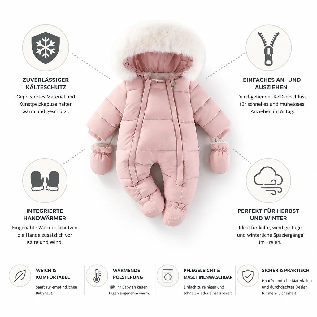 Padded Baby Romper with Faux Fur Hood (Built-in Hand Warmers)