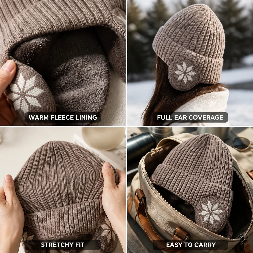 Fleece Lined Beanie Ribbed Knit & Ear Flap (One Size Fits Most)