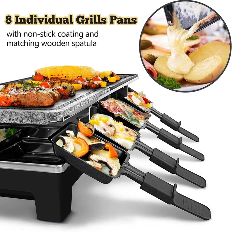 Electric Grill with 8 Raclette Pans & Reversible Nonstick Plate