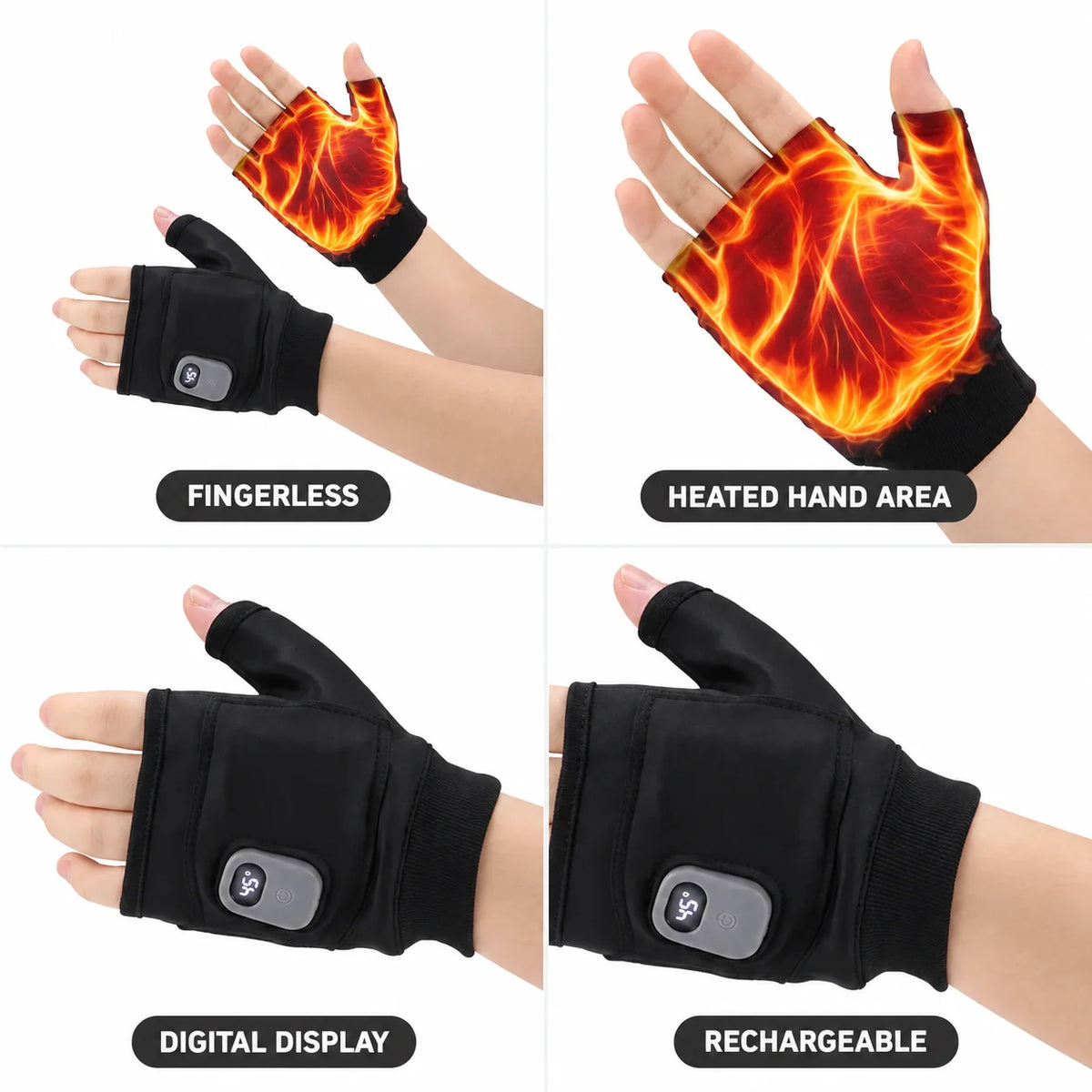 Rechargeable Heated Fingerless Gloves (Digital Temperature Display)