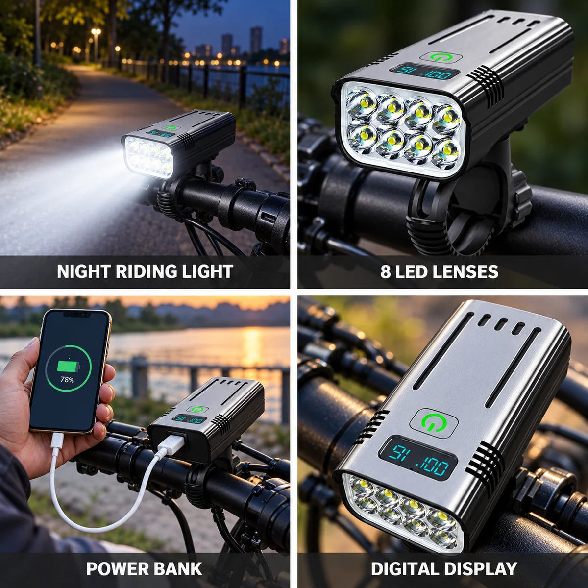 Rechargeable Bicycle Front Light 10,000mAh (Digital Battery Level Indicator)