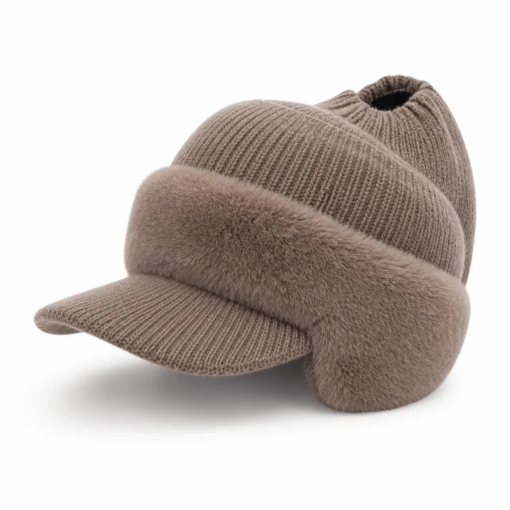 Knit Fleece-Lined Baseball Cap with Ear Warmer (Ponytail Opening)