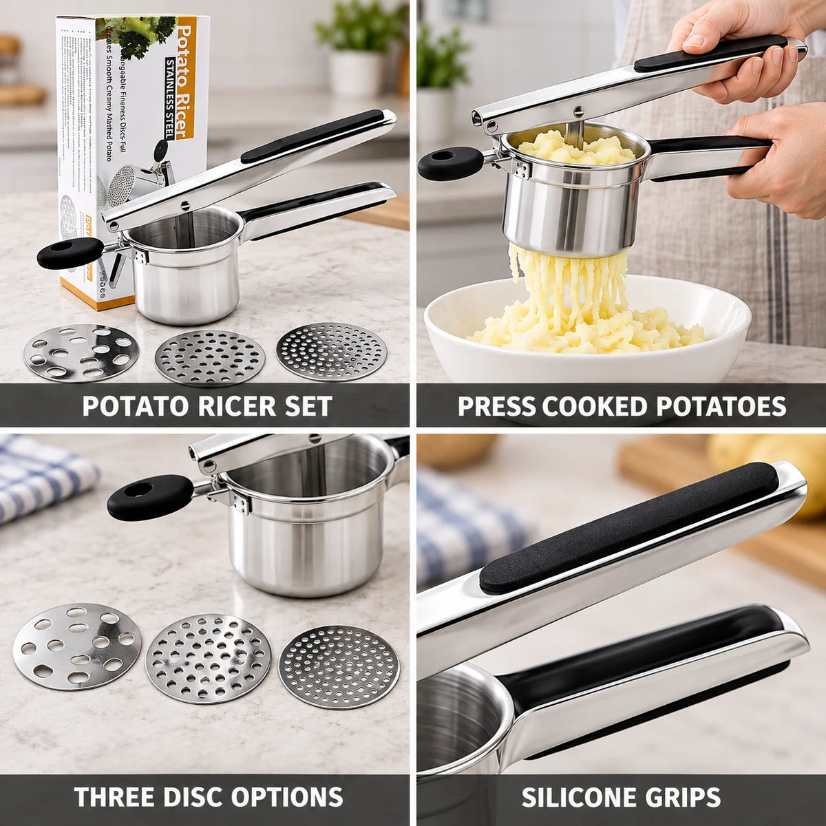 Potato Ricer Stainless Steel & 3 Discs (Dishwasher Safe)