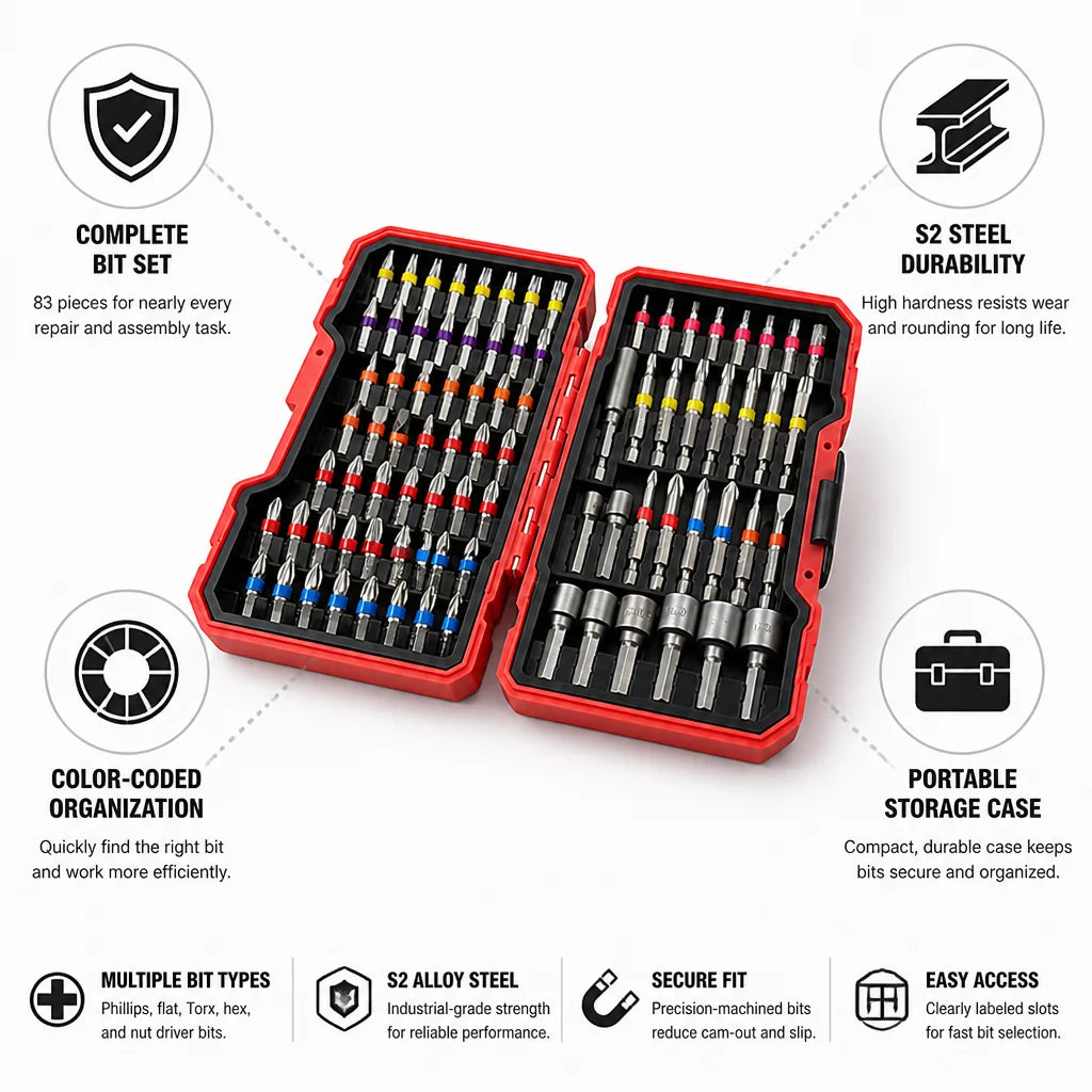 Durable S2 Steel and Color-Coded Screwdriver Bit Set (83-Piece)