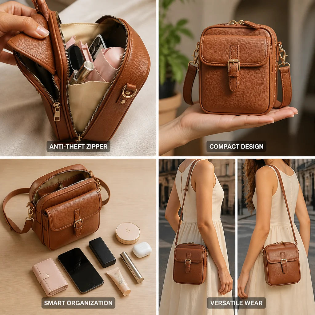 Compact Leather Crossbody Bag with Anti-Theft Protection