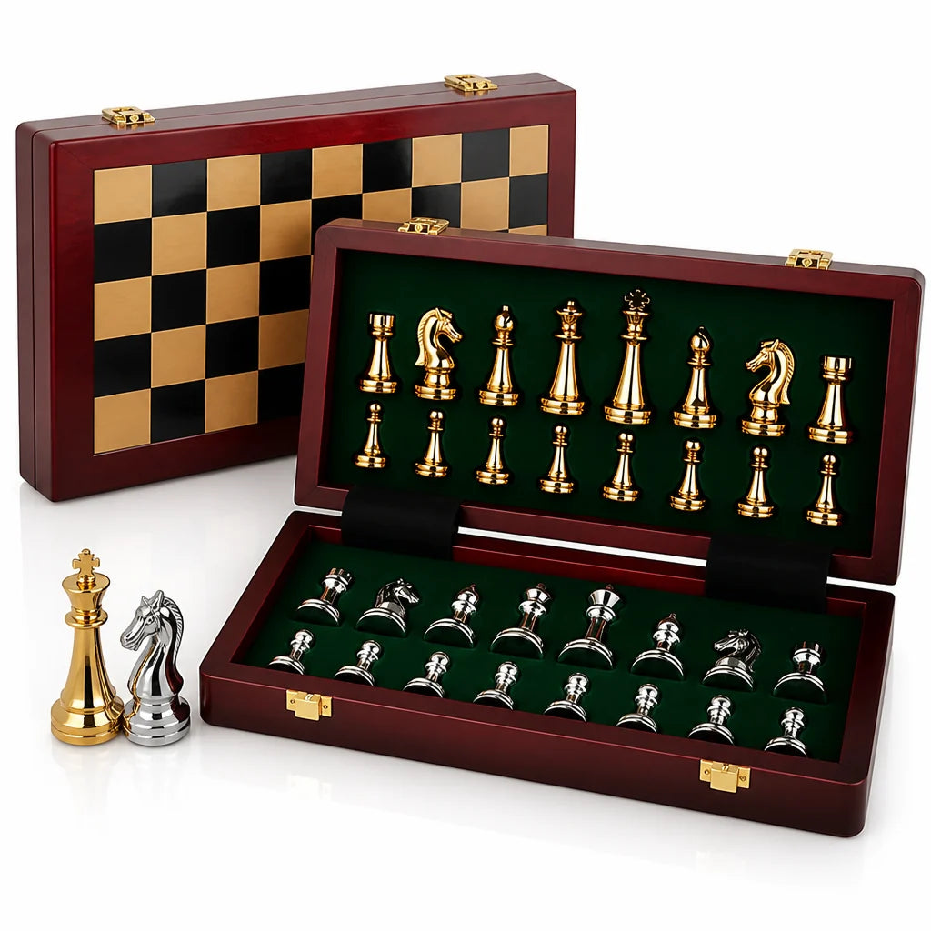 Foldable Padded Chess Set with Gold and Silver Finish