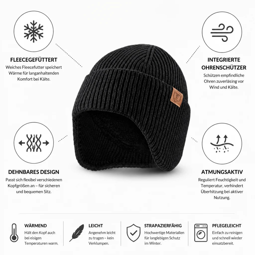 Knitted winter hat with fleece lining and ear flaps