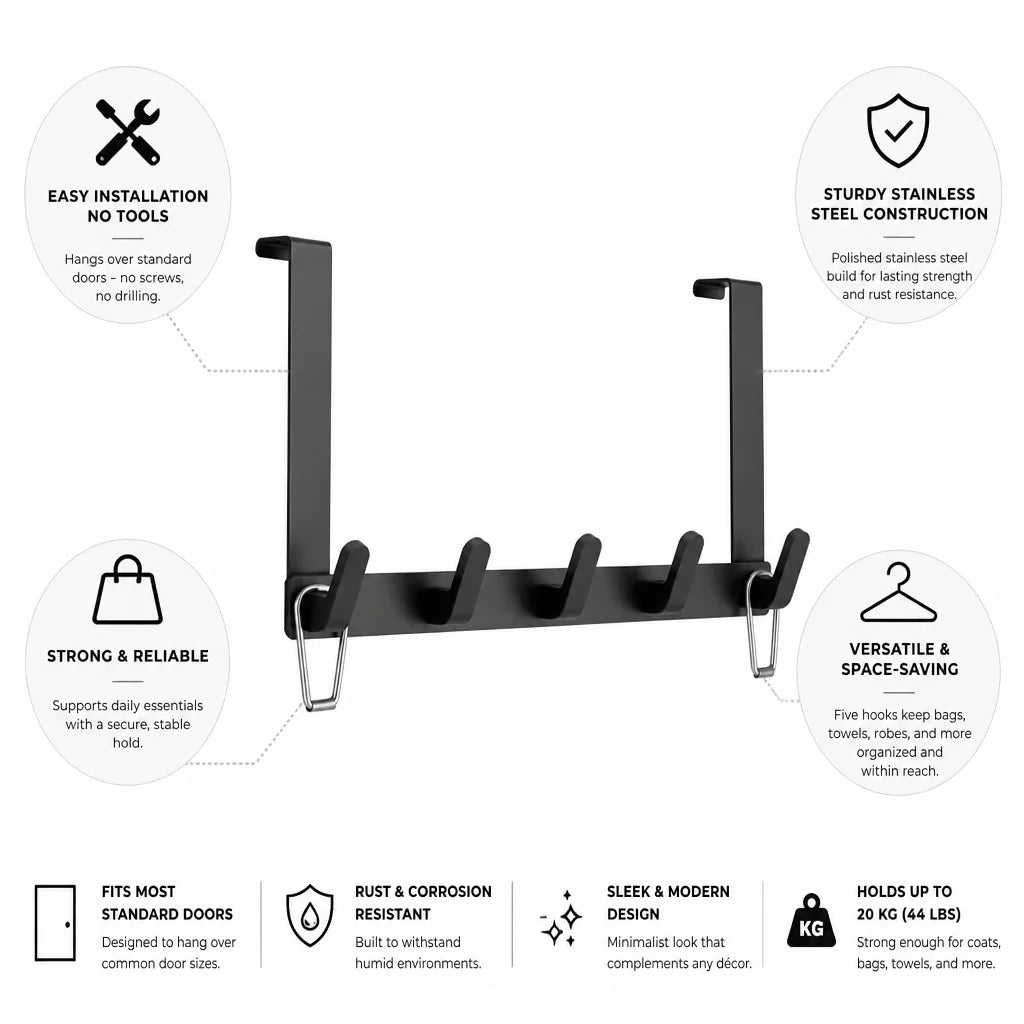 Tool-free Stainless Steel Door Hook Rack (5 Hooks)