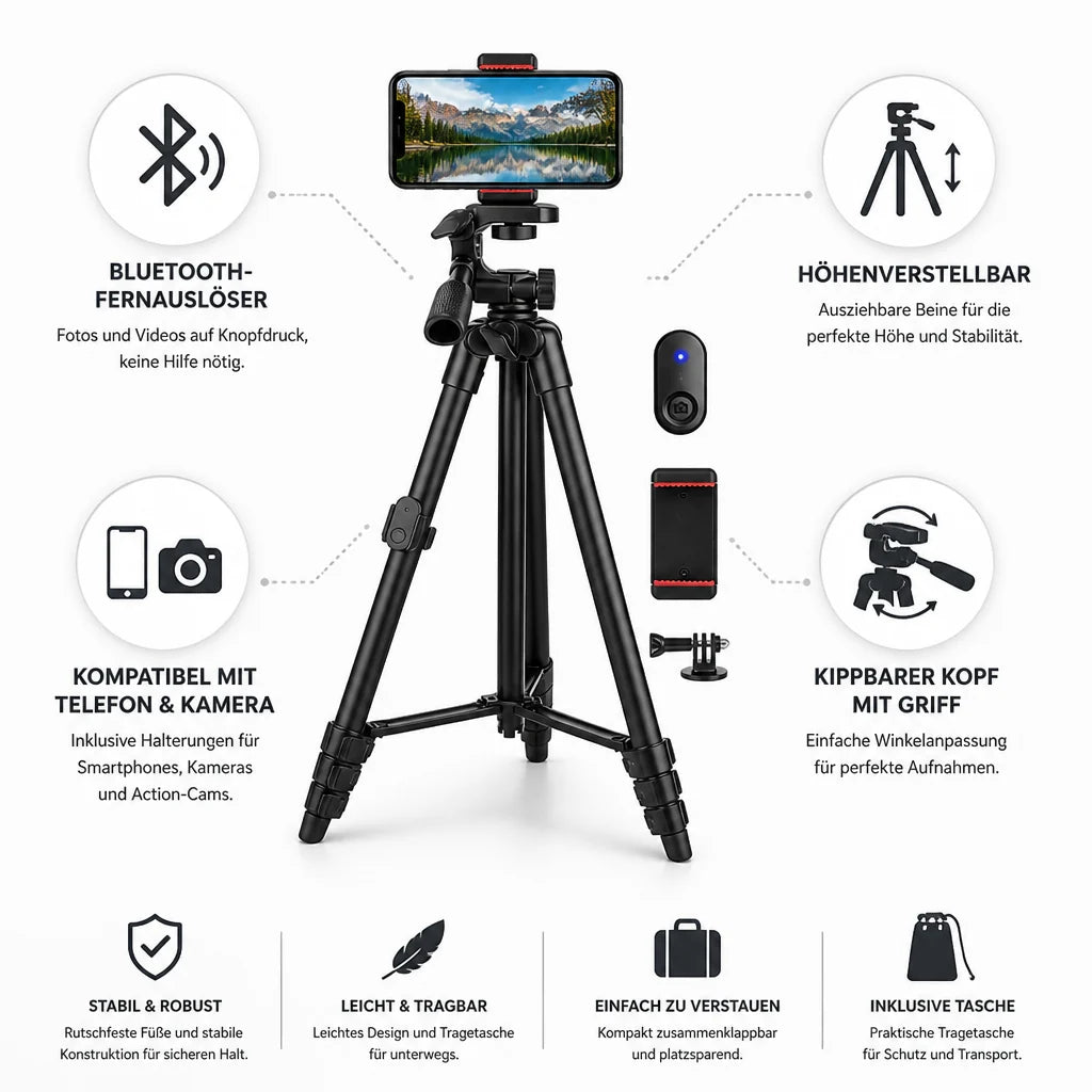 Bluetooth Remote Shutter Retractable Selfie Stick (for Phone and Camera Mounts)