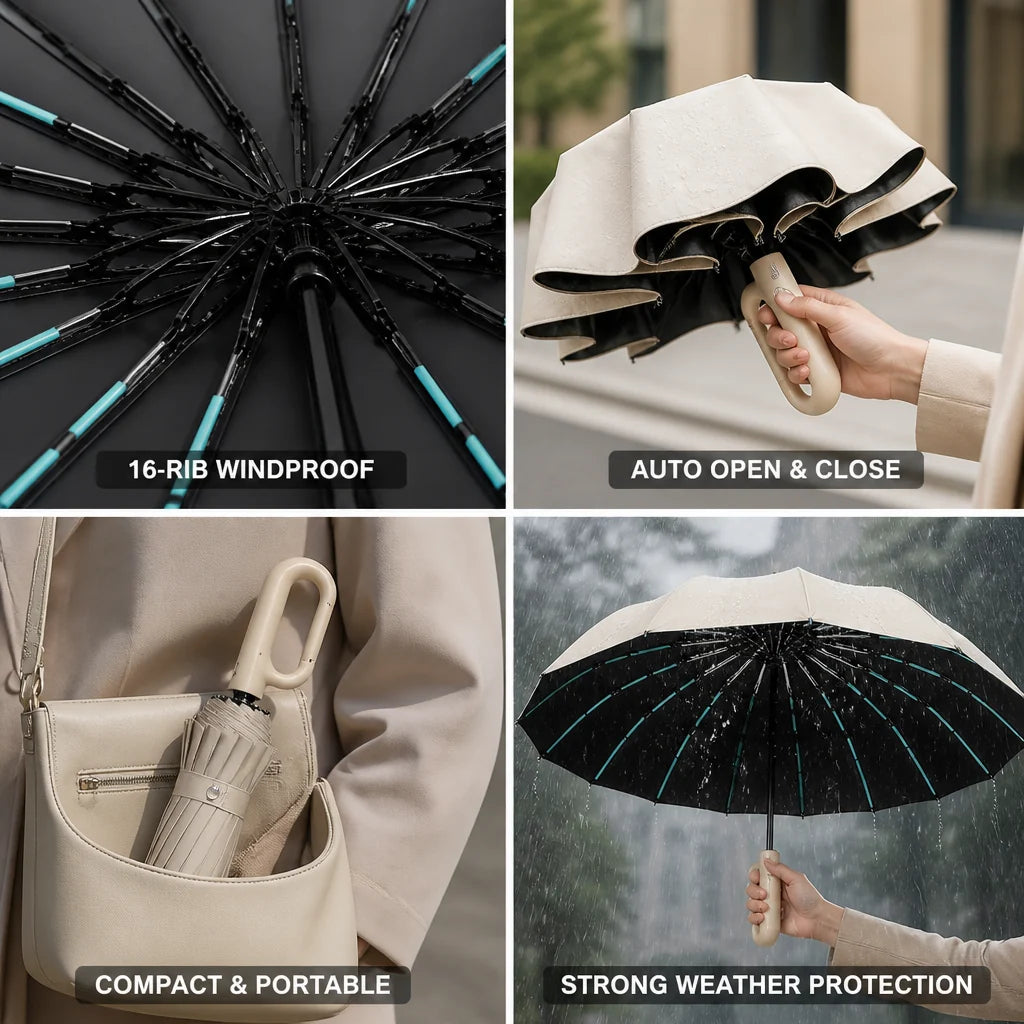 Windproof 16-Spoke Automatic Folding Umbrella