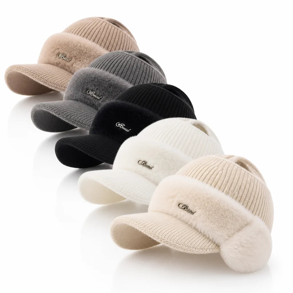 Knit Fleece-Lined Baseball Cap with Ear Warmer (Ponytail Opening)