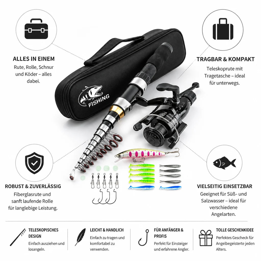 Telescopic Fiberglass Fishing Set (Reel, Lure & Carrying Bag)