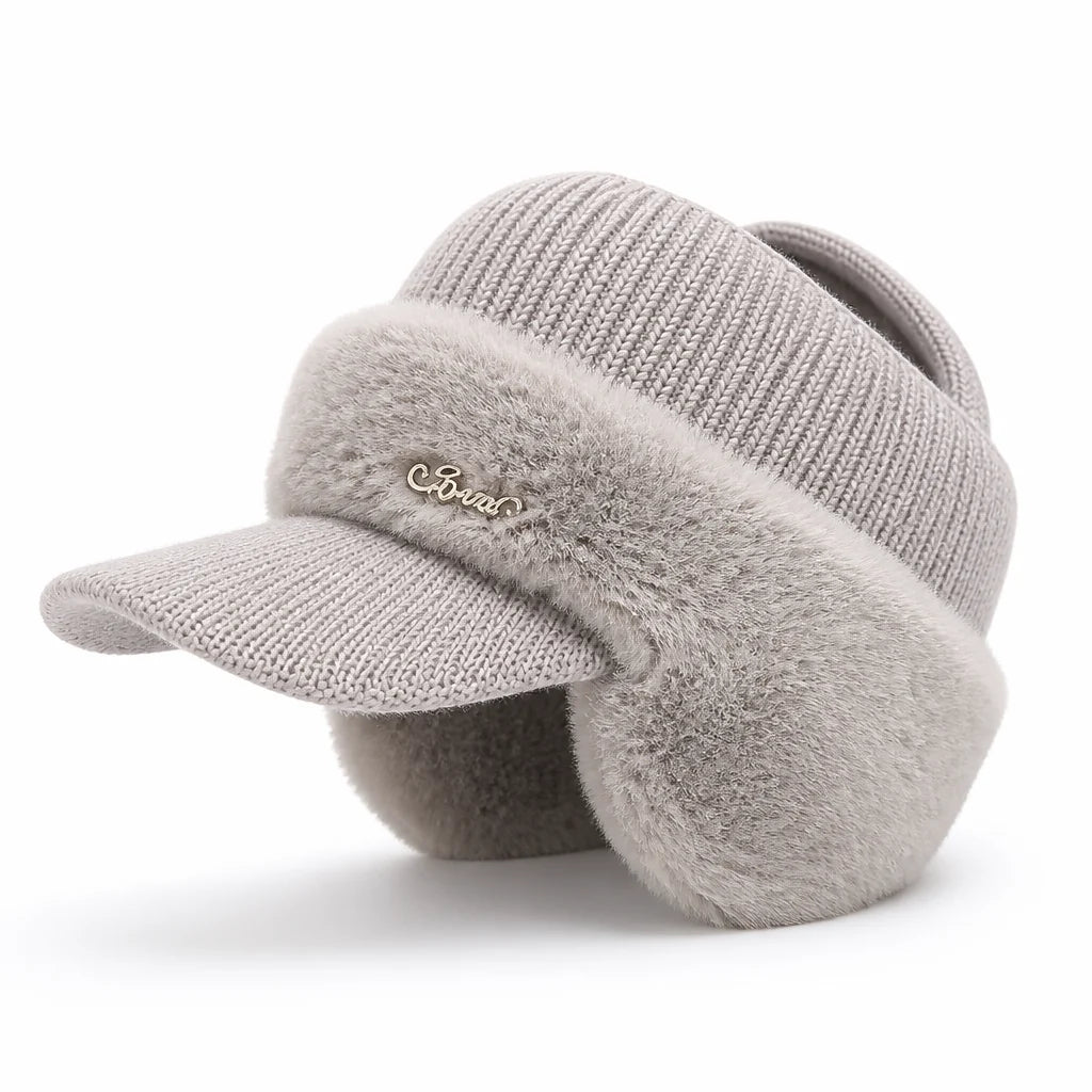 Knit Fleece-Lined Baseball Cap with Ear Warmer (Ponytail Opening)