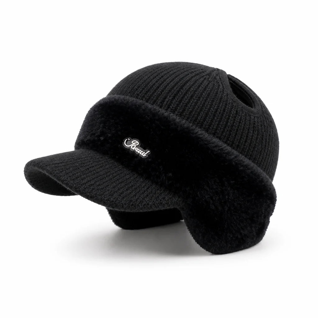 Knit Fleece-Lined Baseball Cap with Ear Warmer (Ponytail Opening)