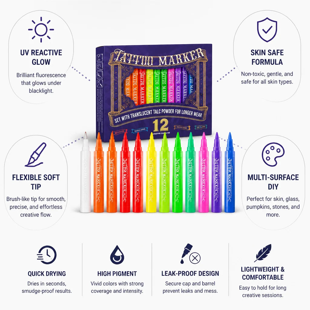 UV Glow Fluorescent Fast-Drying Soft Tip Tattoo Pens