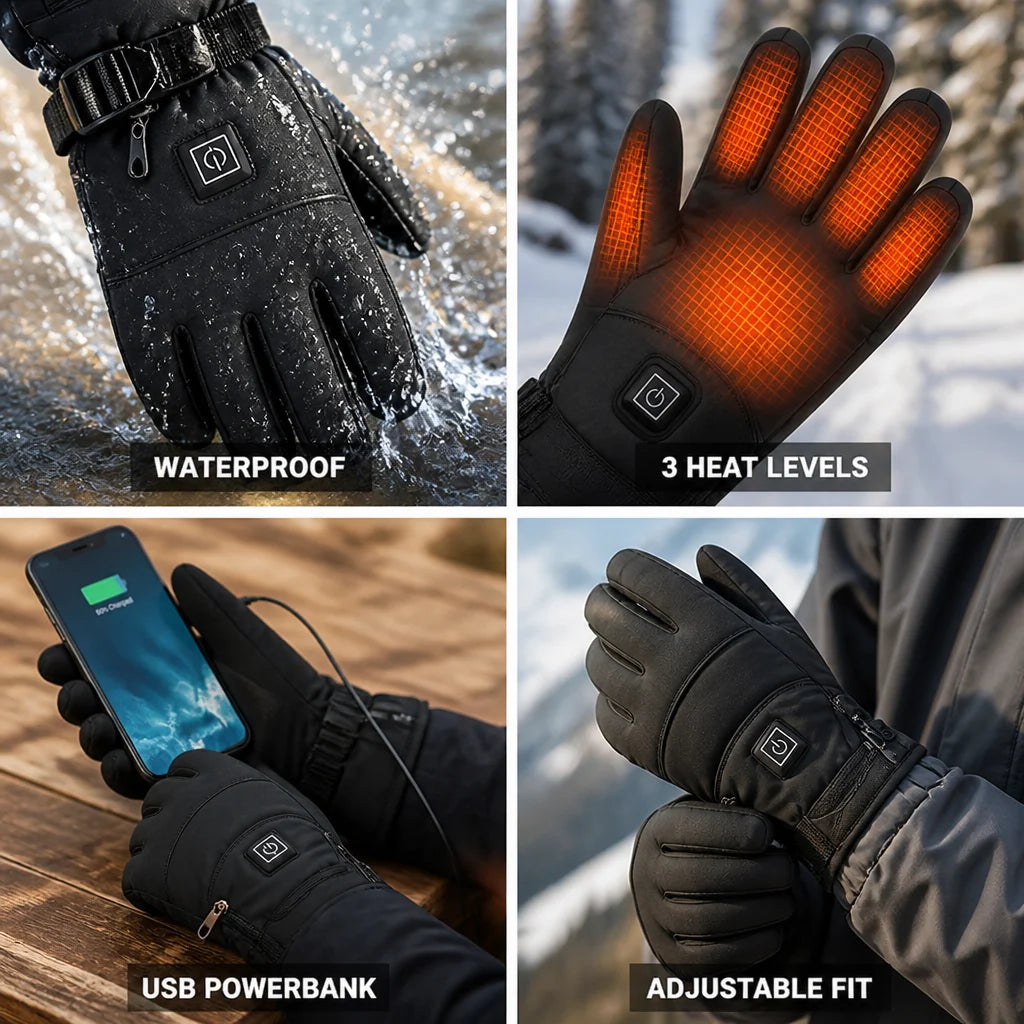 Rechargeable Heated Waterproof Gloves (3 Heat Settings & USB Power Bank)