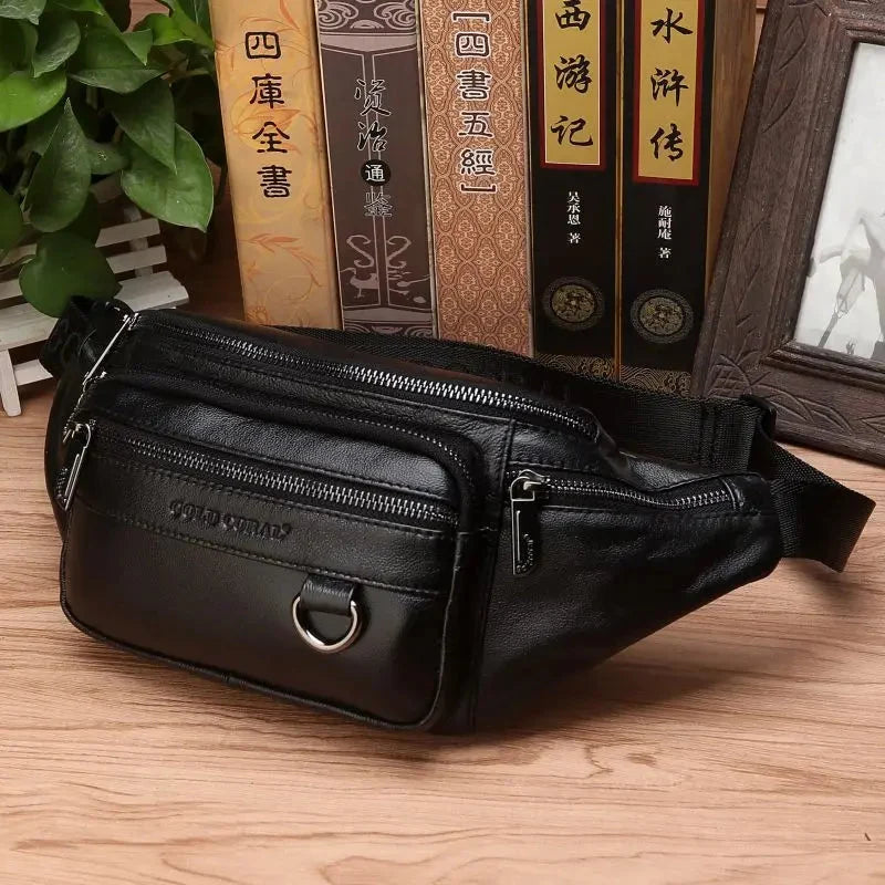 Genuine Leather Men's Waist Bag with Multiple Pockets