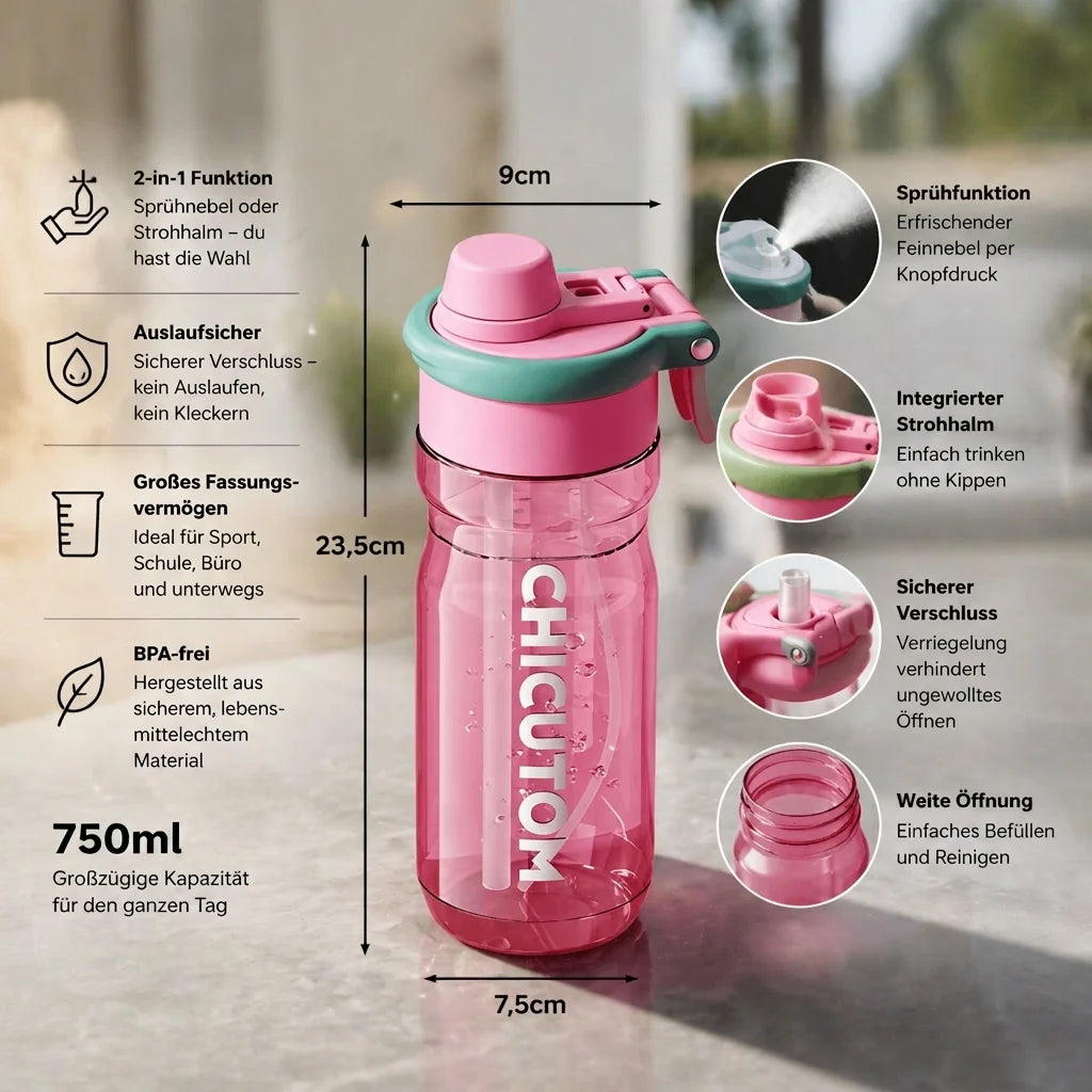Sports Drinking Bottle with Spray Function & Straw
