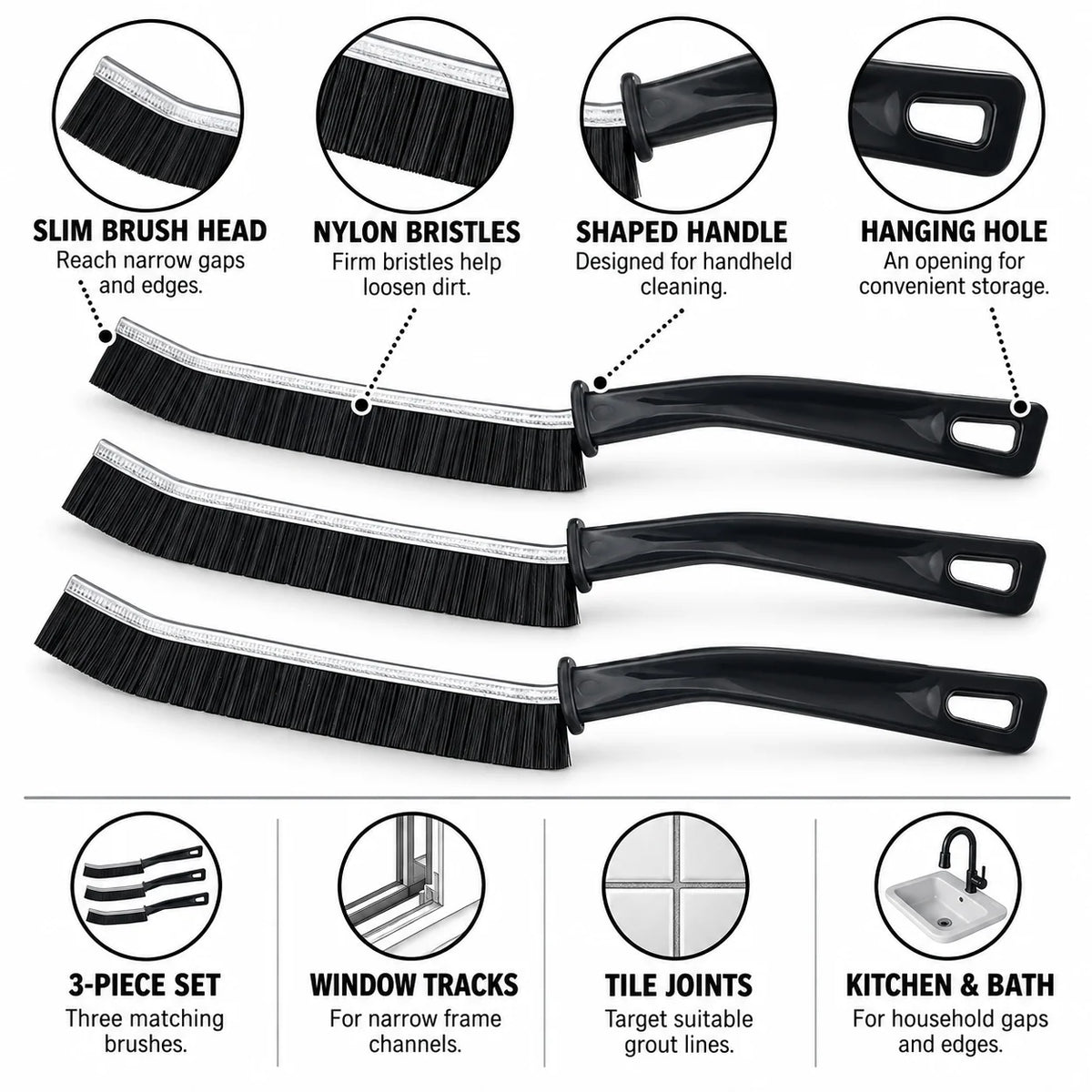 Grout Brush Long Handle & Nylon Bristles (3 Pack Set)