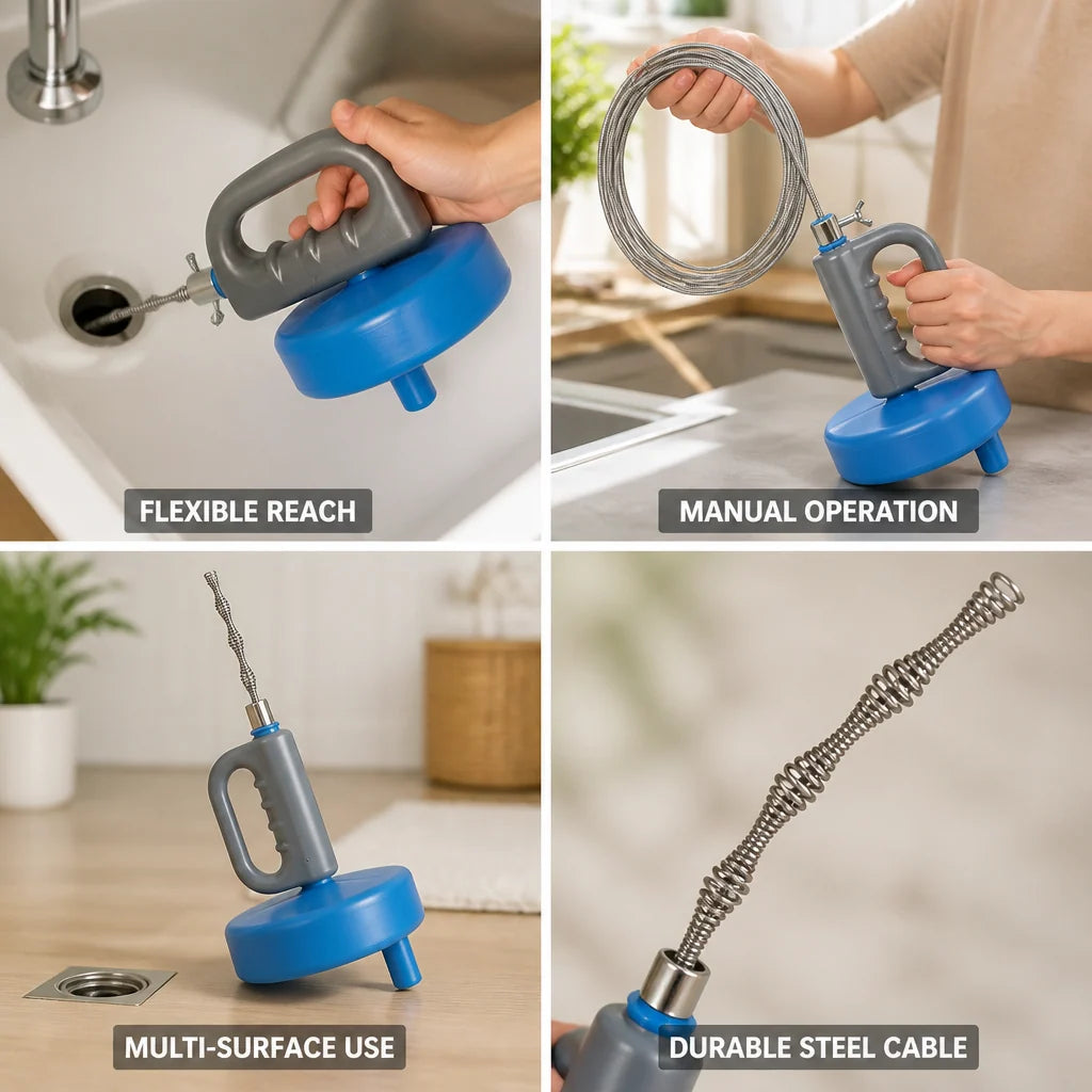 Drain Snake Manual Handheld Flexible Carbon Steel Cable (16 ft)