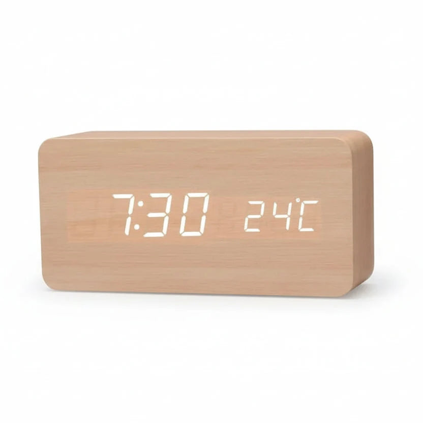 LED Alarm Clock Wood Effect with 3 Alarms & Temperature