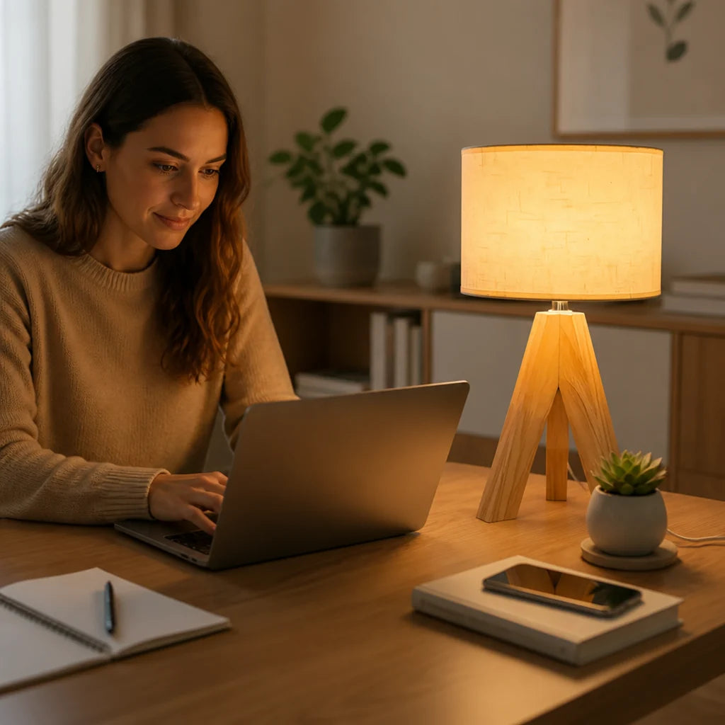 Table lamp with wooden base and warm amber light