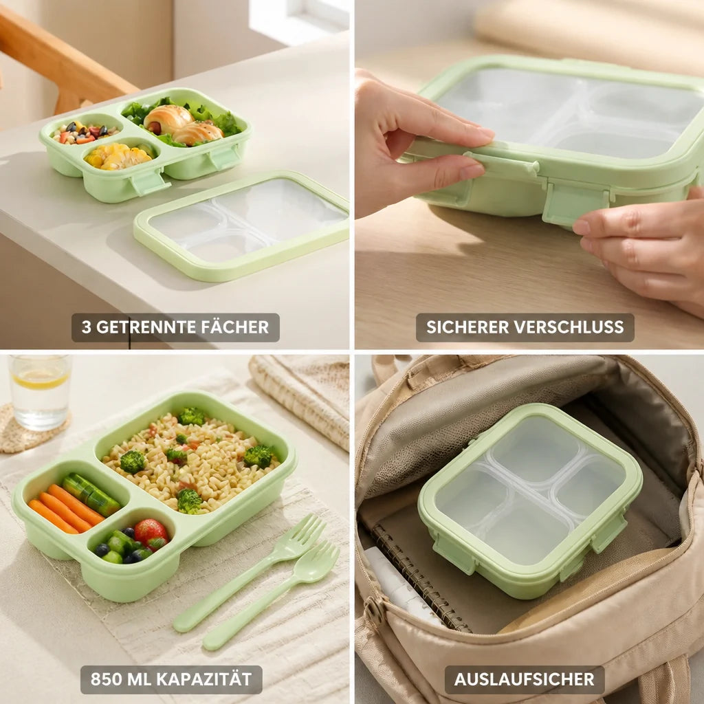 Lunchbox for children with three compartments and four clips (including fork and spoon)