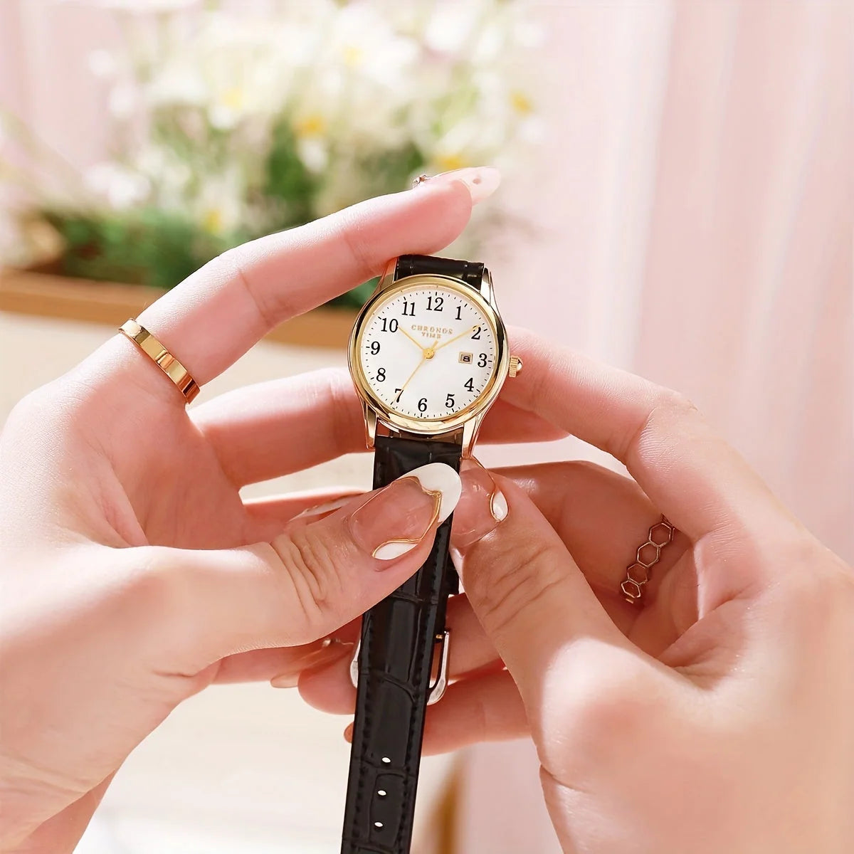 Women's Quartz Wristwatch, Square Dial, Faux Leather Strap
