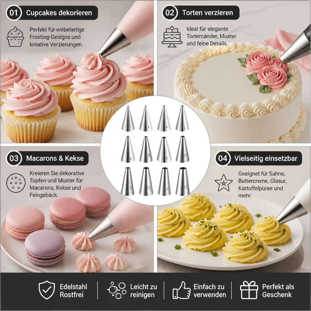 12-piece piping nozzle set for cakes & cupcakes